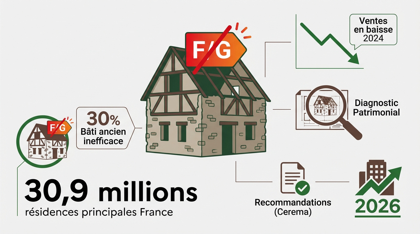 Façade de bâtiment ancien en briques illustrant les défis de la rénovation énergétique