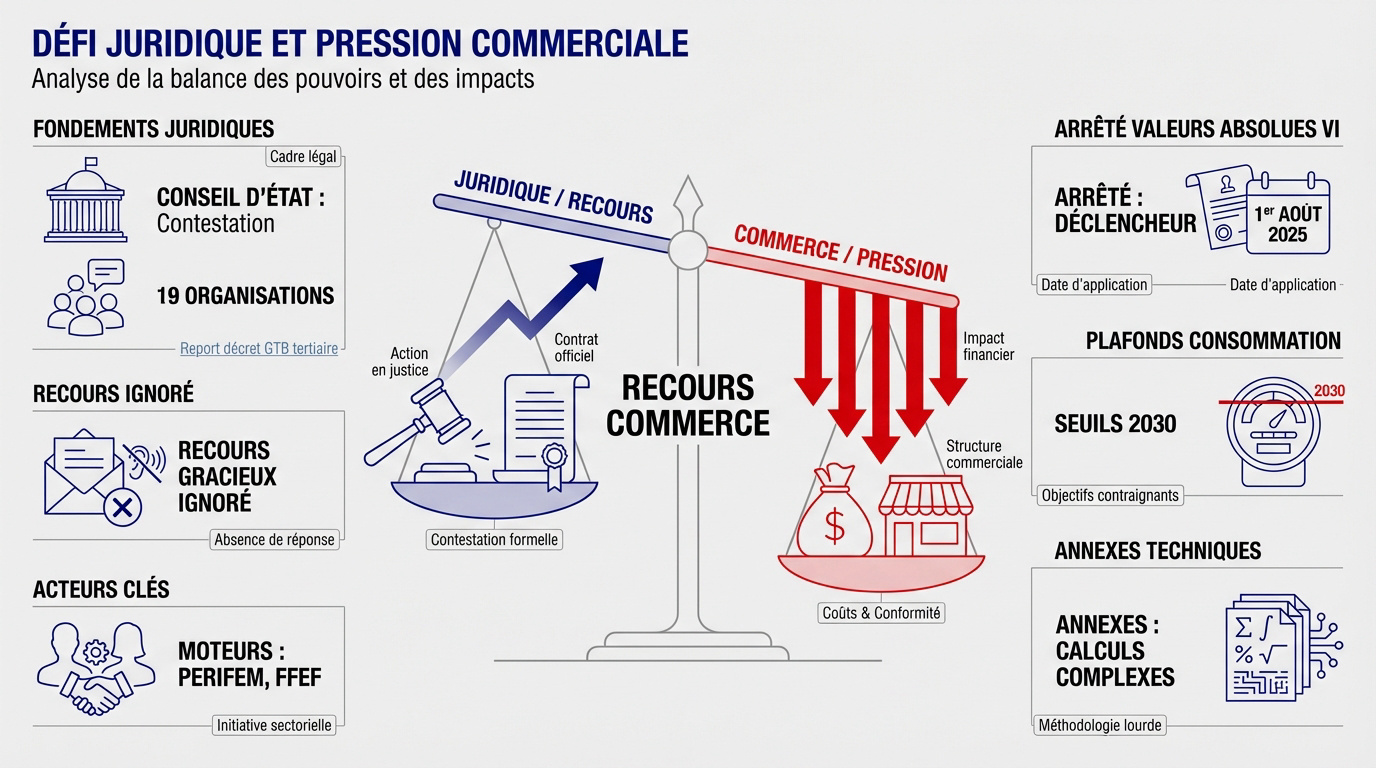 Représentation symbolique du recours juridique des commerçants contre les seuils énergétiques